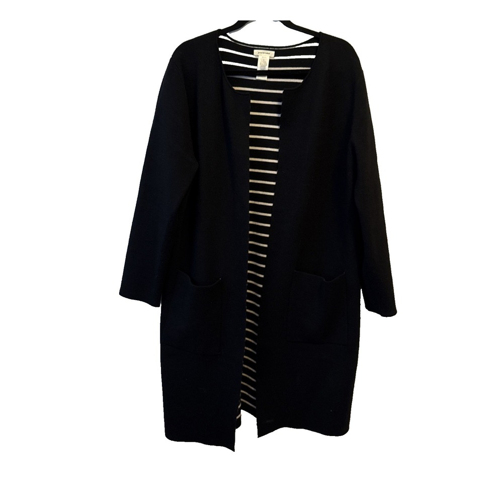 Max Studio Longline Open Front Black‎ Stripe Cardigan Sweater L Chic Soft Luxury